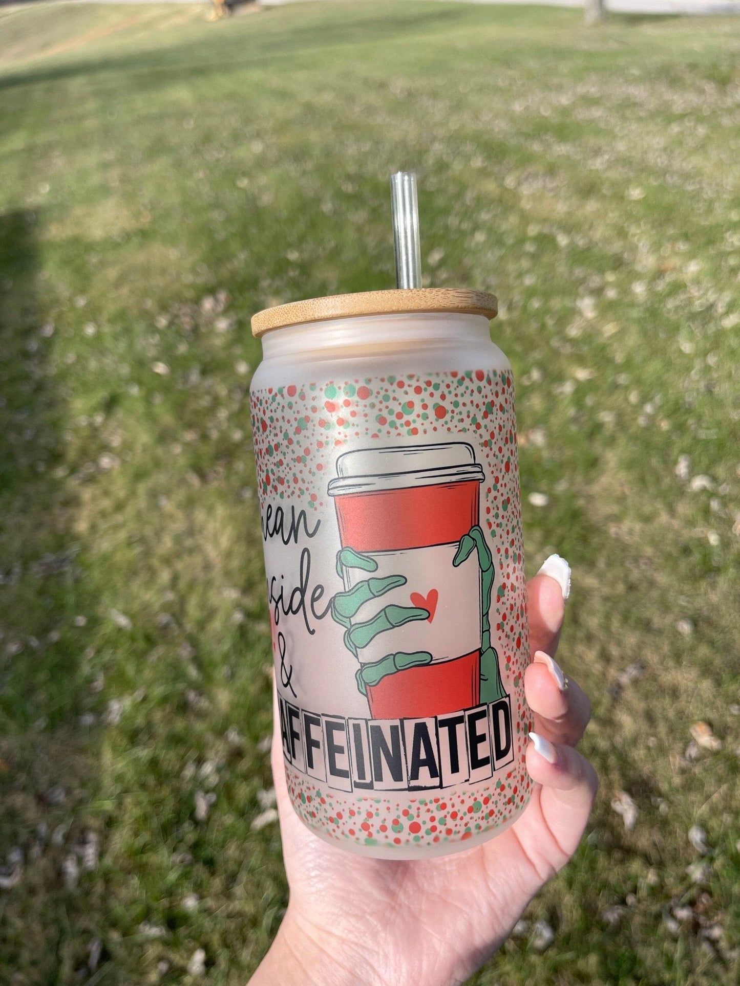 Mean Inside And Caffeinated 16 Oz Frosted Glass Tumbler, Skeleton, Christmas Tumbler, Frosted Glass Coffee Tumbler, Xmas Tumbler, X - mas - Twine + Sage Co. LLC