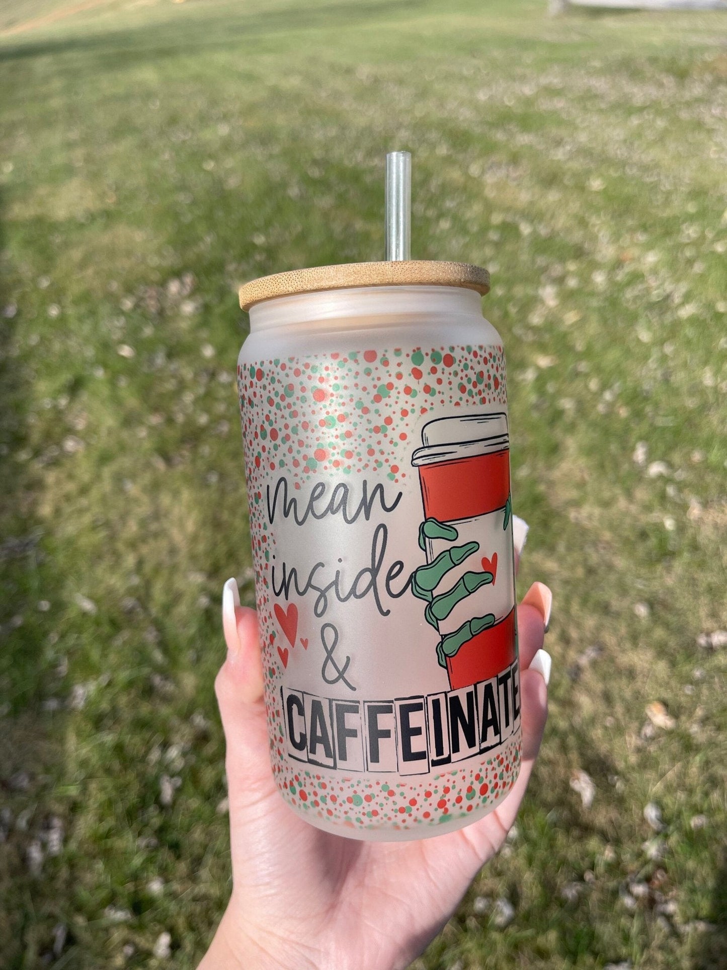 Mean Inside And Caffeinated 16 Oz Frosted Glass Tumbler, Skeleton, Christmas Tumbler, Frosted Glass Coffee Tumbler, Xmas Tumbler, X - mas - Twine + Sage Co. LLC