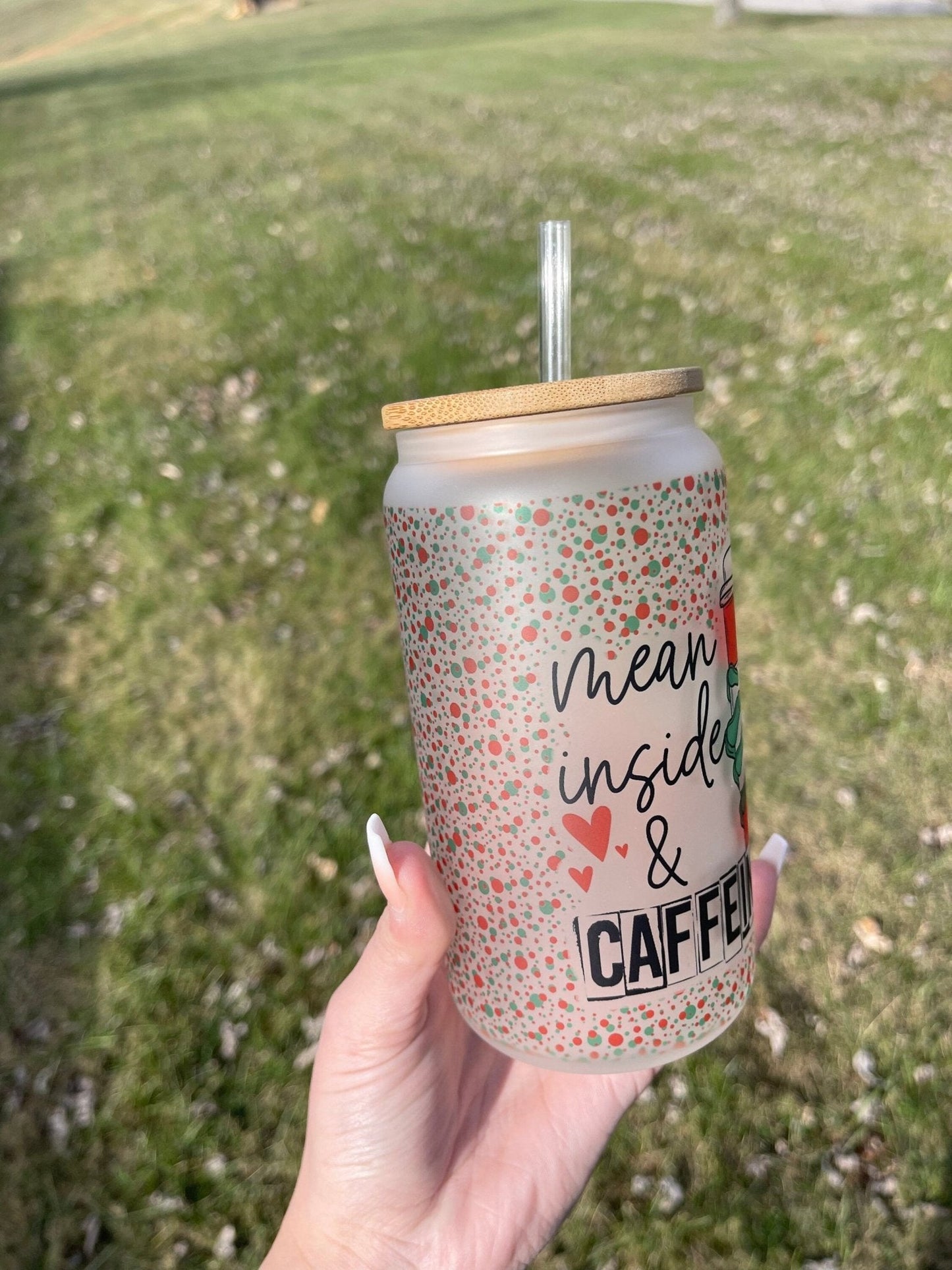Mean Inside And Caffeinated 16 Oz Frosted Glass Tumbler, Skeleton, Christmas Tumbler, Frosted Glass Coffee Tumbler, Xmas Tumbler, X - mas - Twine + Sage Co. LLC