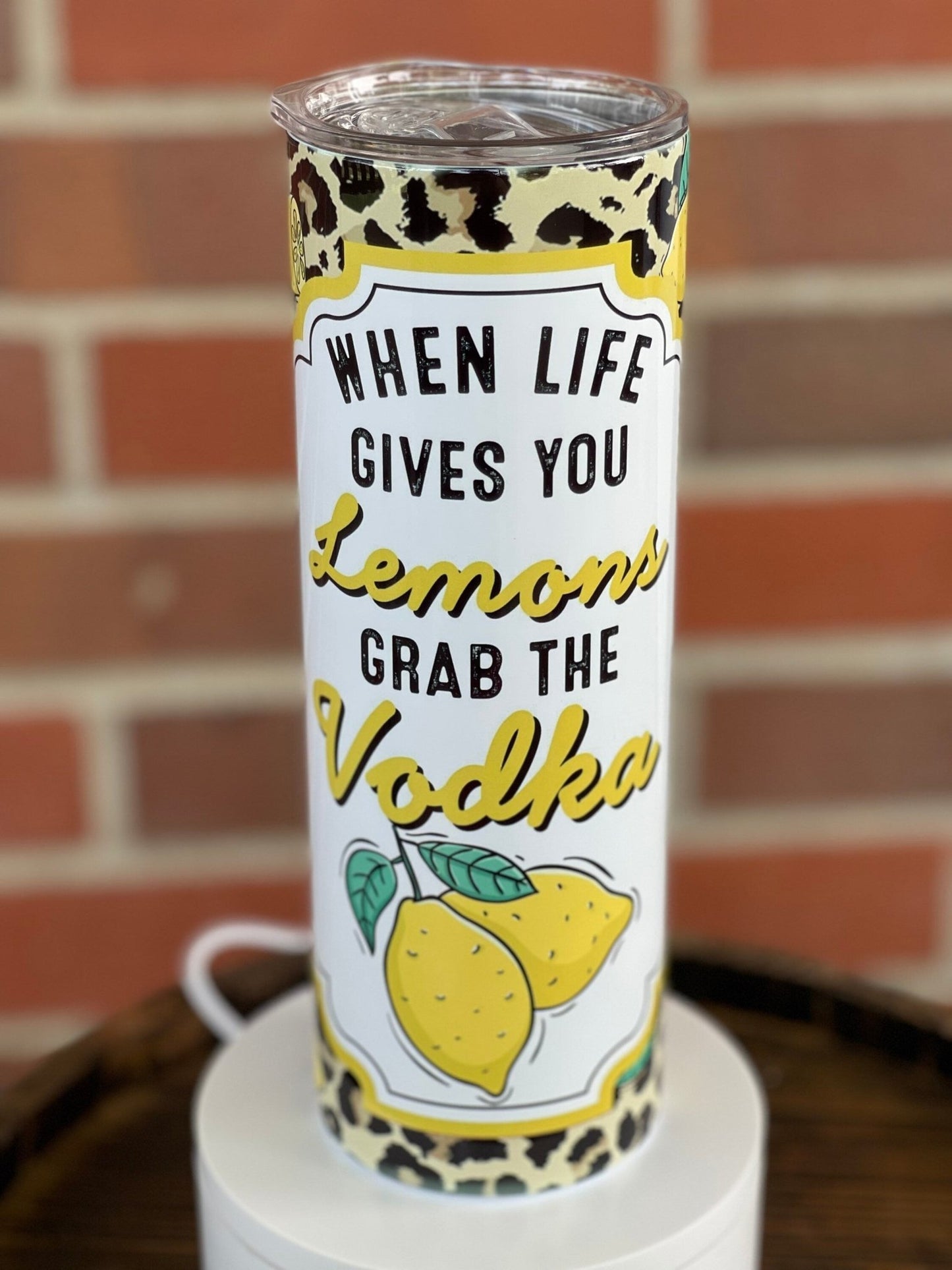 When Life Gives You Lemons + Add Vodka 20 oz Skinny Leopard Tumbler, Gifts For Her, Bridesmaid Gift, Holiday Gift, Sunshine, Sublimation Cup - Twine + Sage Co. LLC