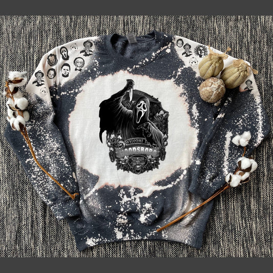 Black and White Ghostface, Ghostface, Scream, Horror, Scream Crewneck, Halloween Horror Custom Bleach Crew Sweatshirt, Woodsboro, Slasher - Twine + Sage Co. LLC