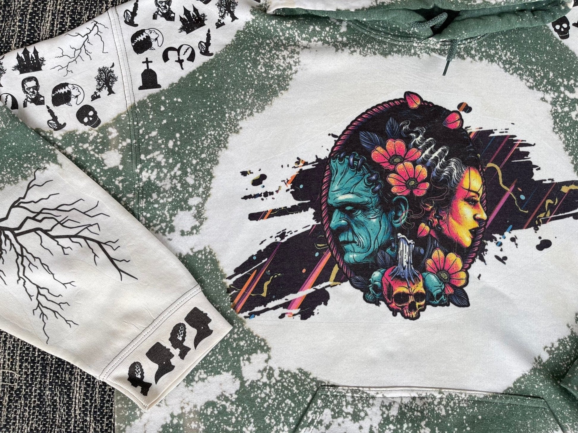 Frankenstein And Bride Hoodie, Bride Of Frankenstein Sweatshirt,Halloween Horror Custom Bleach Sweatshirt, Victor Frankenstein Hoodie - Twine + Sage Co. LLC