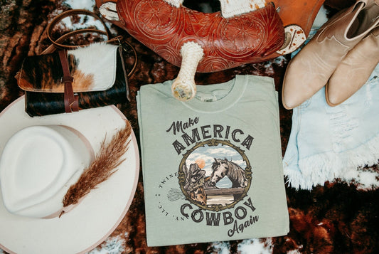 Make America Cowboy Again Shirt, Horse Shirt, Western Shirt, Cow Shirt, Graphic Tee Shirt, Comfort Colors Shirt - Twine + Sage Co. LLC