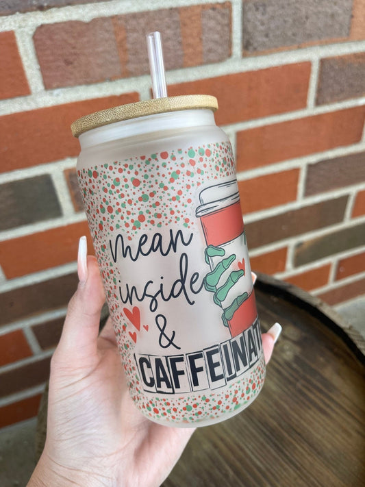 Mean Inside And Caffeinated 16 Oz Frosted Glass Tumbler, Skeleton, Christmas Tumbler, Frosted Glass Coffee Tumbler, Xmas Tumbler, X - mas - Twine + Sage Co. LLC