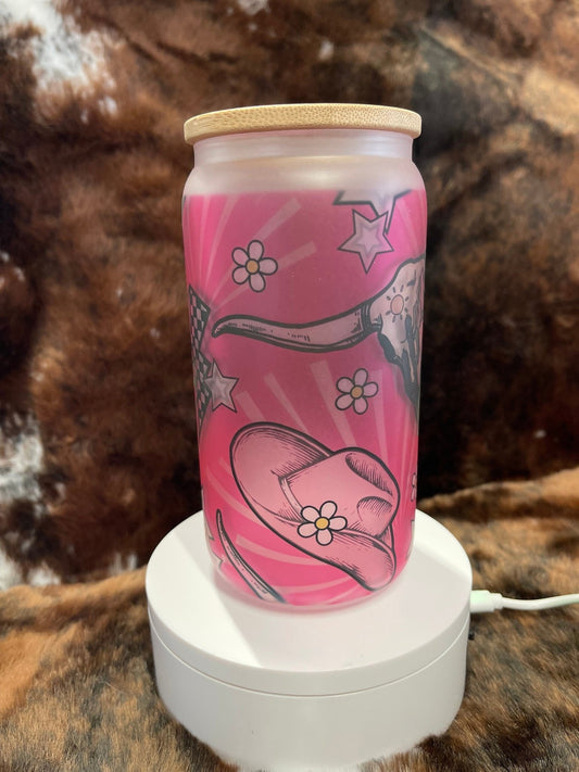 Pink Western Tumbler, 16 Oz Frosted Glass Tumbler, Tumbler, Cute Tumbler, Gift Tumbler, Frosted Glass Coffee Tumbler - Twine + Sage Co. LLC