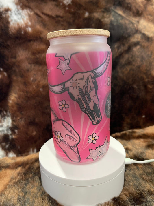 Pink Western Tumbler, 16 Oz Frosted Glass Tumbler, Tumbler, Cute Tumbler, Gift Tumbler, Frosted Glass Coffee Tumbler - Twine + Sage Co. LLC
