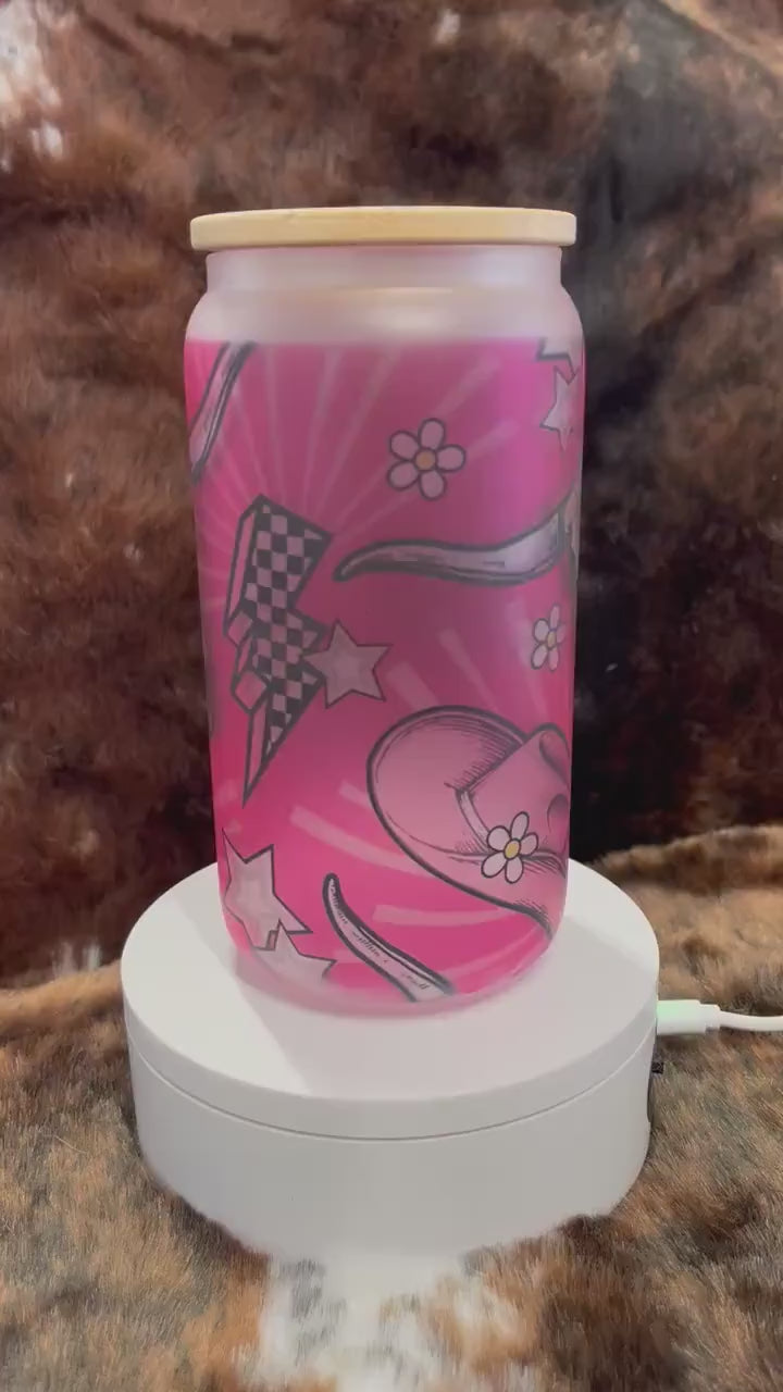 Pink Western Tumbler, 16 Oz Frosted Glass Tumbler, Tumbler, Cute Tumbler, Gift Tumbler, Frosted Glass Coffee Tumbler