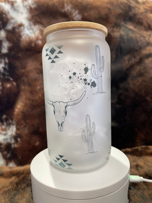 Western Tumbler, 16 Oz Frosted Glass Tumbler, Tumbler, Cute Tumbler, Gift Tumbler, Frosted Glass Coffee Tumbler - Twine + Sage Co. LLC