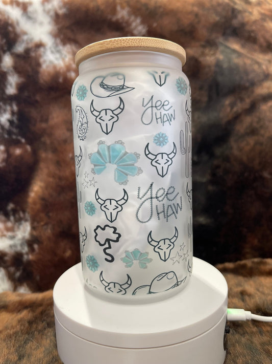 Western Tumbler, 16 Oz Frosted Glass Tumbler, Tumbler, Cute Tumbler, Gift Tumbler, Frosted Glass Coffee Tumbler - Twine + Sage Co. LLC