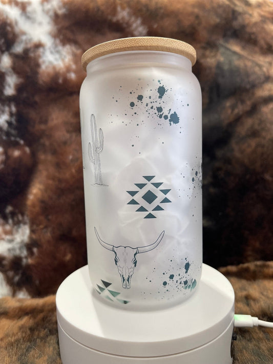 Western Tumbler, 16 Oz Frosted Glass Tumbler, Tumbler, Cute Tumbler, Gift Tumbler, Frosted Glass Coffee Tumbler - Twine + Sage Co. LLC