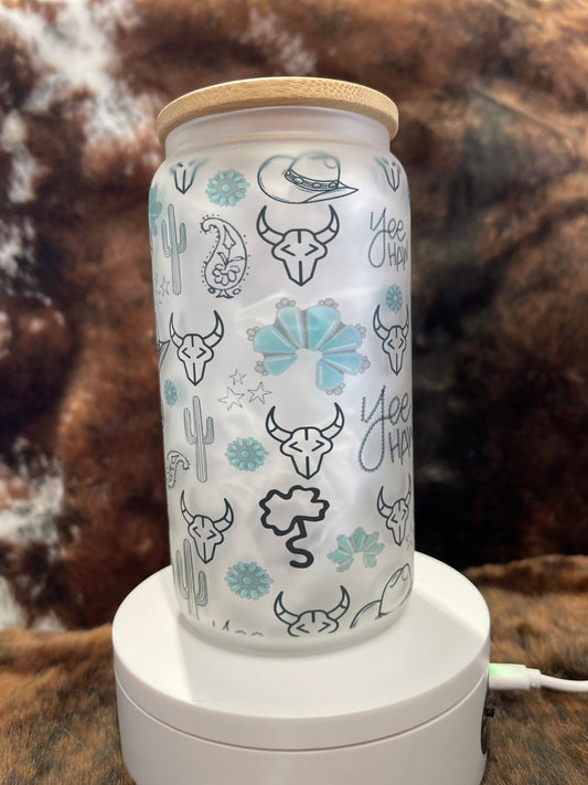 Western Tumbler, 16 Oz Frosted Glass Tumbler, Tumbler, Cute Tumbler, Gift Tumbler, Frosted Glass Coffee Tumbler - Twine + Sage Co. LLC
