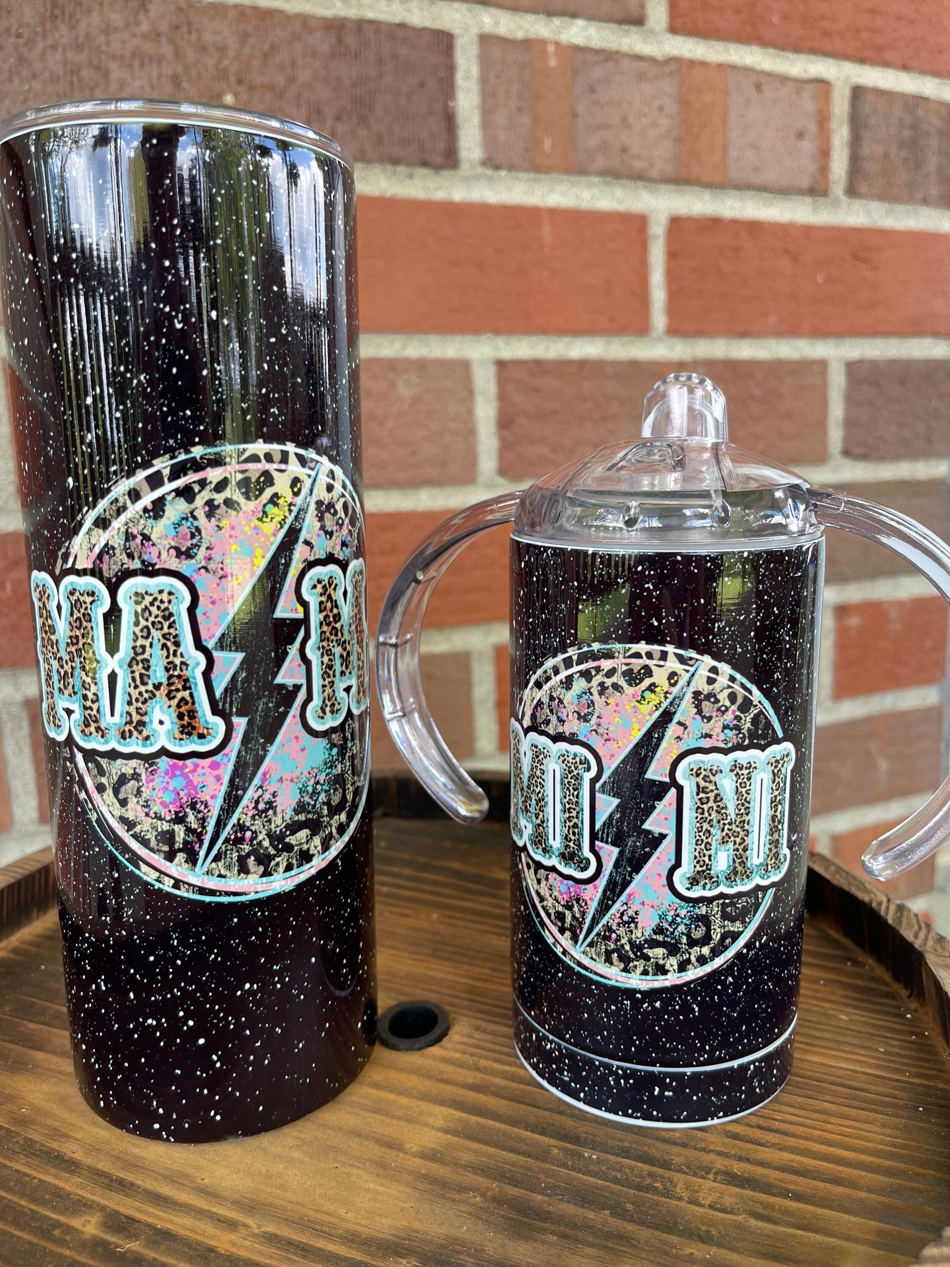 Mama + Mini Tumbler Sippy Cup Set, Lightning Bolt, Leopard, 12 oz 20 oz Skinny Tumbler, Mama And Mini Cups, Mommy And Me, Mothers Day Set