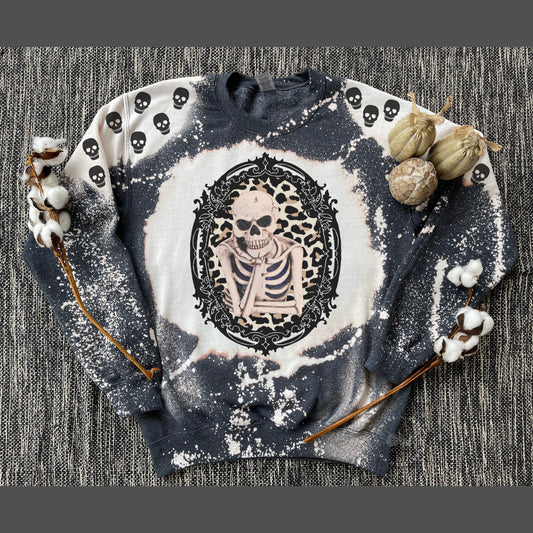 Spooky Chic Vintage Sweatshirt, Skull Sweatshirt, Skeleton Leopard, Halloween Horror Skeleton Skull Leopard Custom Bleach Crew Sweatshirt