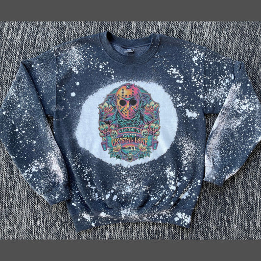 Jason Voorhees, Friday The 13th Horror Custom Bleach Crew Sweatshirt, Camp Crystal Lake, Slasher, Baggy Clothes, Halloween 2023 - Twine + Sage Co. LLC