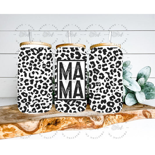 Mama Glass Can, 16 Oz Libbey Glass Can, Leopard Glass Can, Leopard, Minimal Floral, Frosted Glass Tumbler, Glass Cup Bamboo Lid, Gift For He - Twine + Sage Co. LLC