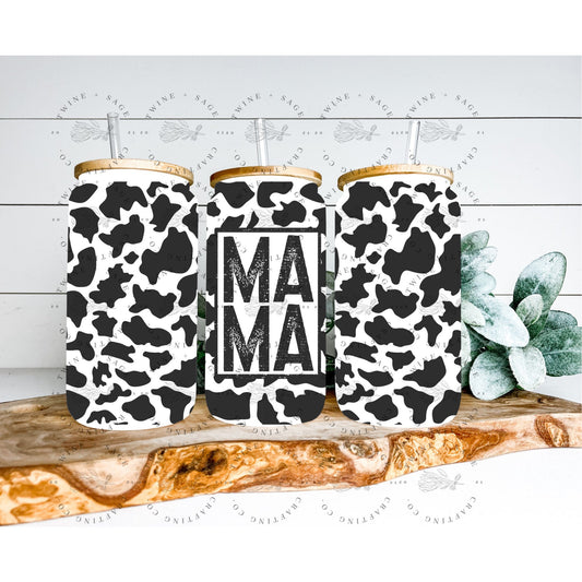 Mama Iced Coffee Can, Frosted Glass Can, Cow Print Glass Can, Cowprint Tumbler, Frosted Glass Tumbler, Gift For Her, Glass Cup Bamboo Lid - Twine + Sage Co. LLC