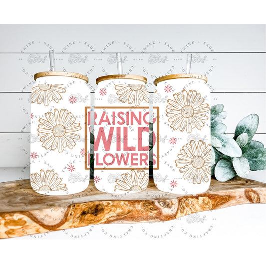 Mama Iced Coffee Can, Raising Wild Flowers, 16 Oz Tumbler, Minimal Floral, Frosted Glass Tumbler, Mom Tumbler, Coffee Can, Glass Cup Bamboo - Twine + Sage Co. LLC