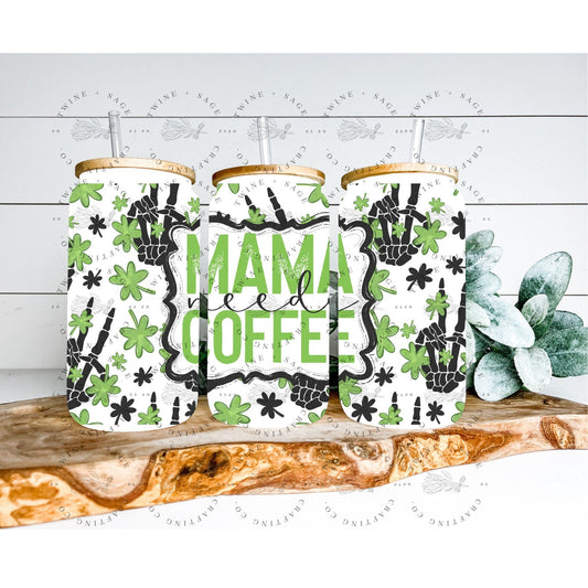 Mama Needs Coffee Glass Can, 16 Oz Frosted Glass Can, Minimal Floral, Frosted Glass Can, Glass Cup Bamboo Lid, Gift For Her, Lucky Glass Cup - Twine + Sage Co. LLC