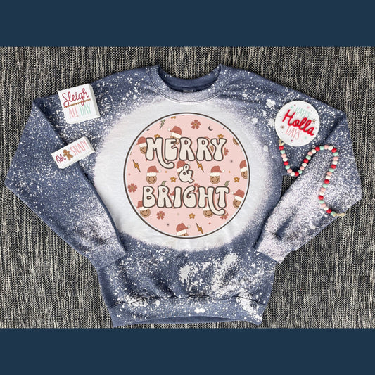 Retro Merry + Bright, Flowers, Merry Christmas Santa Reindeer, Christmas Trees, Lightning Bolt, X - mas, Bleach Crew Sweatshirt, Holiday Gift - Twine + Sage Co. LLC