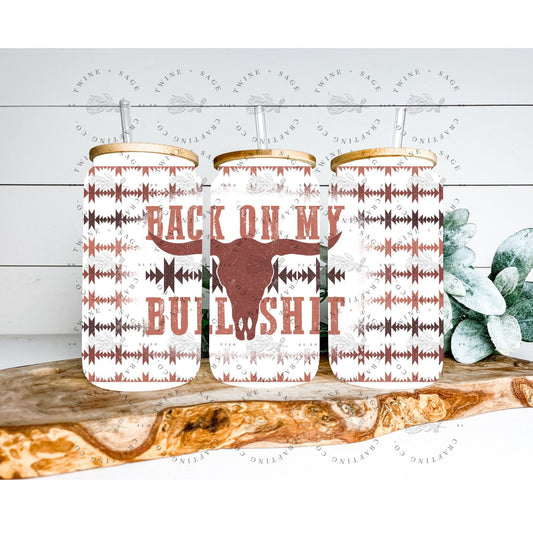 Steer Libbey Glass Can, 16 Oz Frosted Glass Can, Aztec Glass Tumbler, Western Glass Can,Glass Cup Bamboo Lid, Frosted Glass Can, Cow Skull C - Twine + Sage Co. LLC