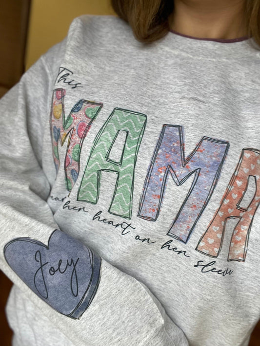 This Mama Wears Her Heart On Her Sleeve Crewneck Preorder, Valentine Gift For Her, Mother’s day Gift, Mama, Mom Gifts, Hearts, Personalized - Twine + Sage Co. LLC