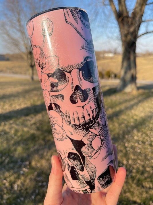 UV Color Changing Floral Skull 20 oz Skinny Tumbler, True Crime Tumbler, True Crime Junkie, True Crime Obsessed, Halloween 2023 - Twine + Sage Co. LLC
